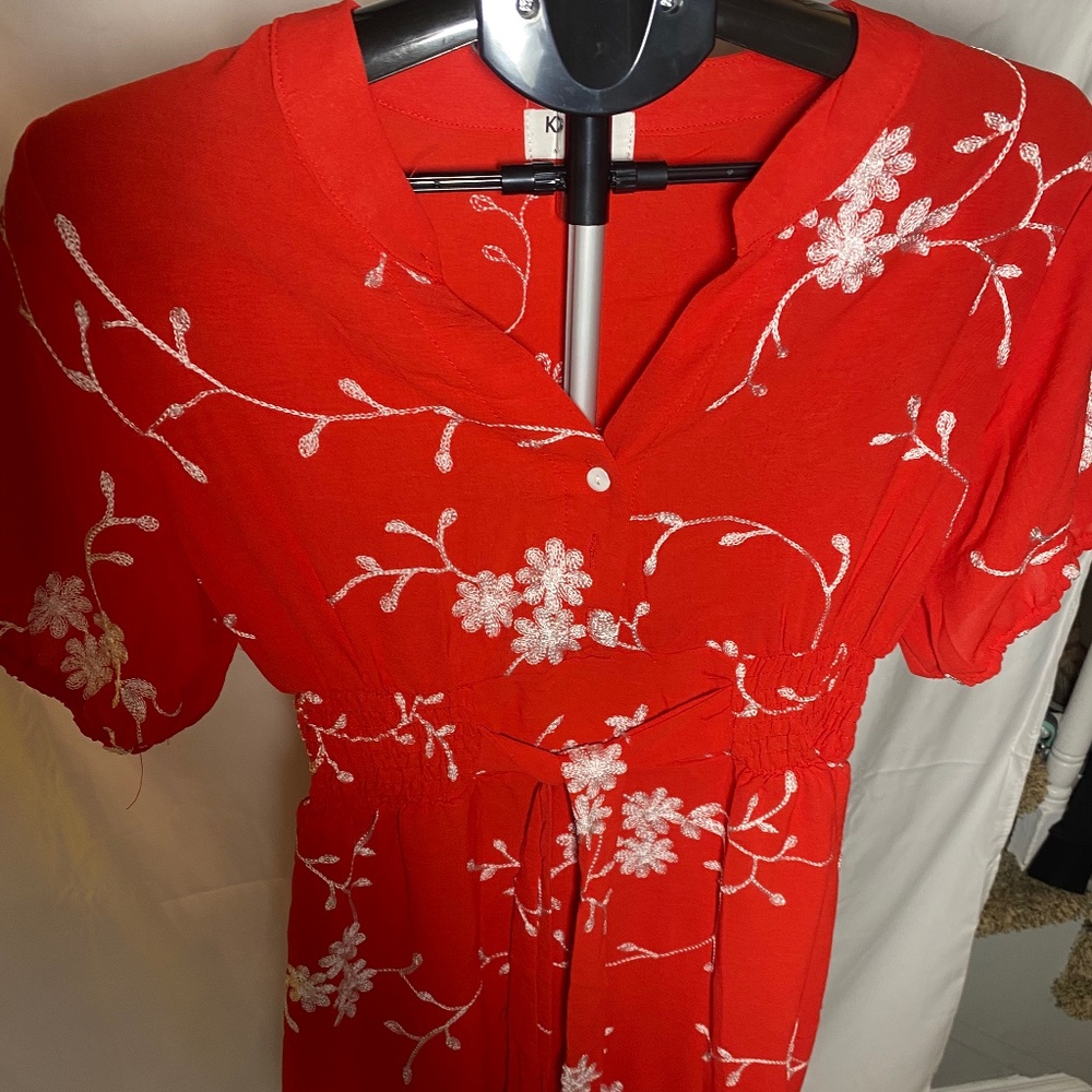 Kindred Red Embroidered Midi Dress Women L Boho Floral Tie Waist